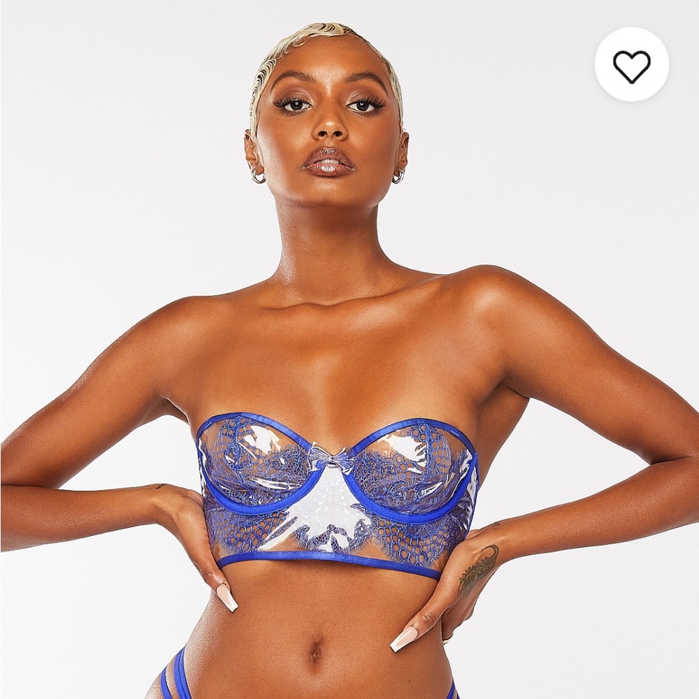(XS) Savage x Fenty Lace & Vinyl Bustier Bra Extra Small Clear Metallic Blue - Picture 8 of 14